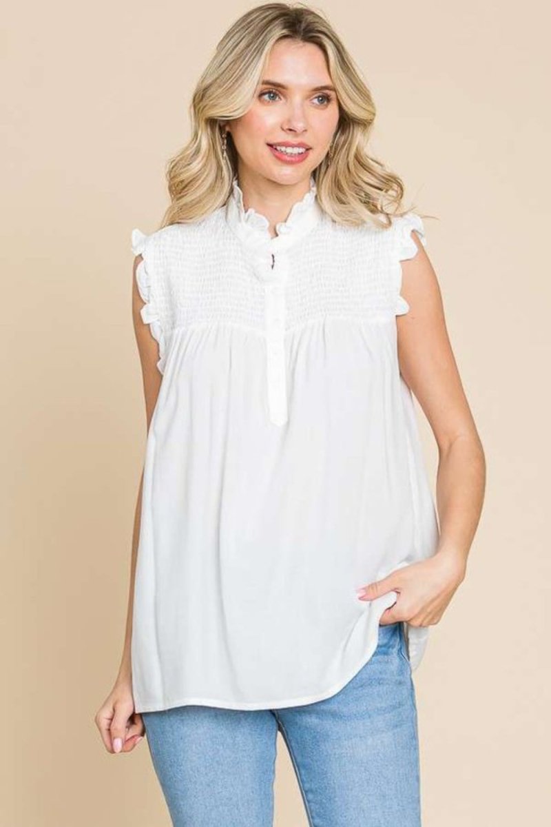 Culture Code Full Size Frill Edge Smocked Sleeveless Top - Love Salve